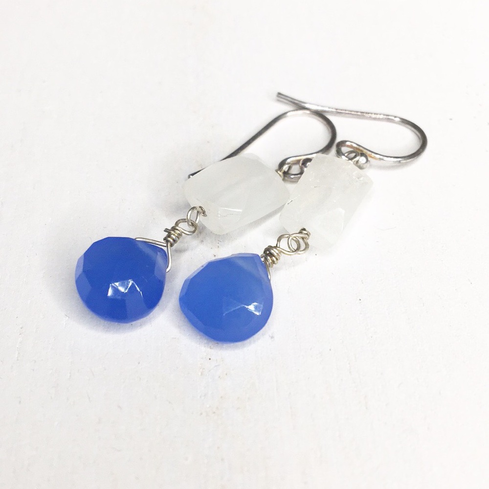 Moonstone & chalcedony dangly earrings - sterling